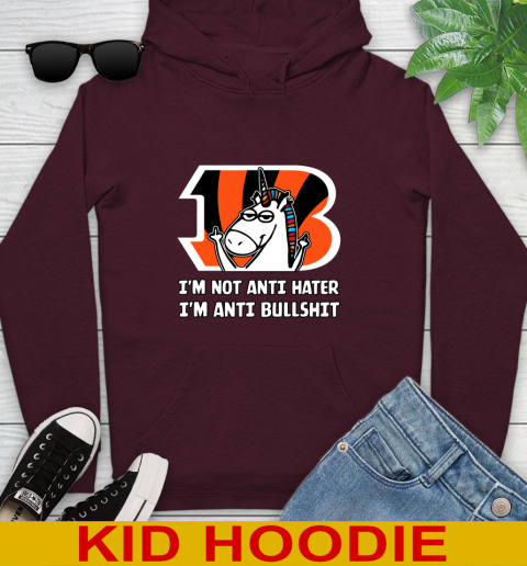 Cincinnati Bengals NFL Football Unicorn I'm Not Anti Hater I'm Anti Bullshit Youth Hoodie 7