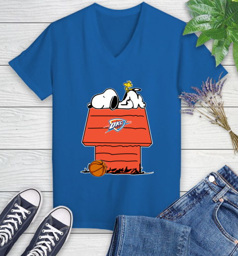 Oklahoma City Thunder NBA Basketball Snoopy Woodstock The Peanuts Movie Women's V-Neck T-Shirt 10
