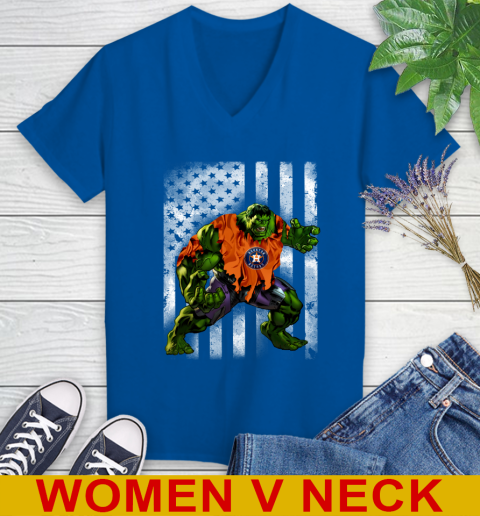 Houston Astros Hulk Marvel Avengers MLB Baseball American Flag Women's V-Neck T-Shirt 9