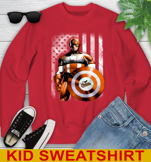 Baltimore Orioles MLB Baseball Captain America Marvel Avengers American Flag Shirt Youth Sweatshirt 7