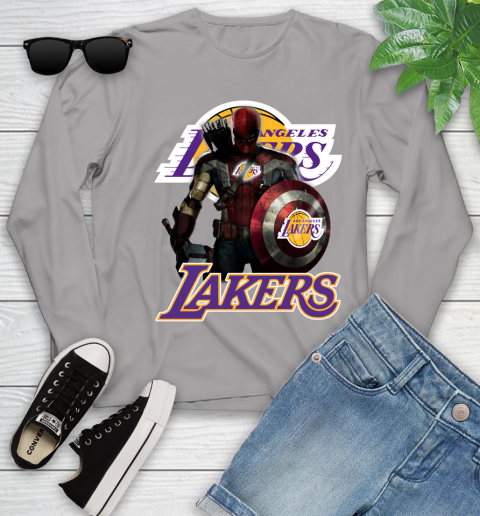 Los Angeles Lakers NBA Basketball Captain America Thor Spider Man Hawkeye Avengers Youth Long Sleeve 5