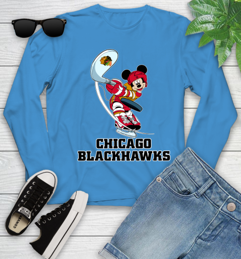 NHL Hockey Chicago Blackhawks Cheerful Mickey Mouse Shirt Youth Long Sleeve 7