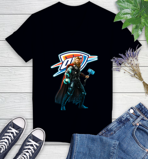 NBA Thor Avengers Endgame Basketball Oklahoma City Thunder Women's V-Neck T-Shirt 2