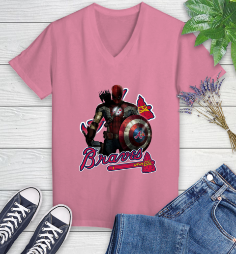 MLB Captain America Thor Spider Man Hawkeye Avengers Endgame Baseball Atlanta Braves Women's V-Neck T-Shirt 13