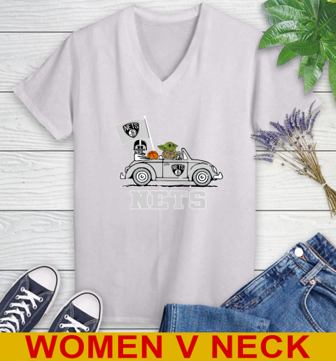 NBA Basketball Brooklyn Nets Darth Vader Baby Yoda Driving Star Wars Shirt Women's V-Neck T-Shirt