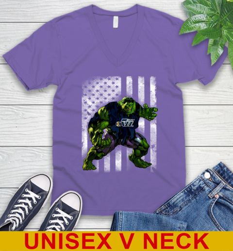 Utah Jazz Hulk Marvel Avengers NBA Basketball American Flag V-Neck T-Shirt 8