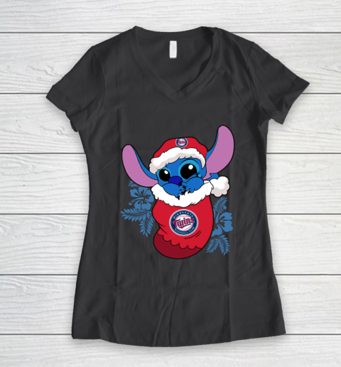Minnesota Twins Christmas Stitch In The Sock Funny Disney MLB Women's V-Neck T-Shirt 8