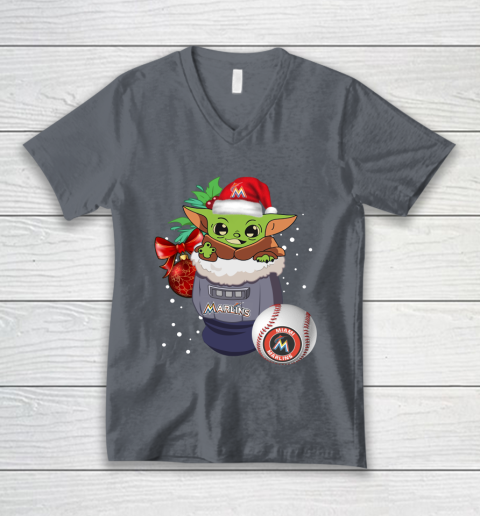 Miami Marlins Christmas Baby Yoda Star Wars Funny Happy MLB V-Neck T-Shirt 5
