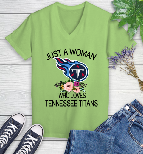 NFL Just A Woman Who Loves Tennessee Titans Football Sports Women's V-Neck T-Shirt 6