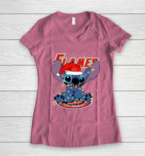 Calgary Flames NHL Hockey noel stitch Christmas Women's V-Neck T-Shirt 7