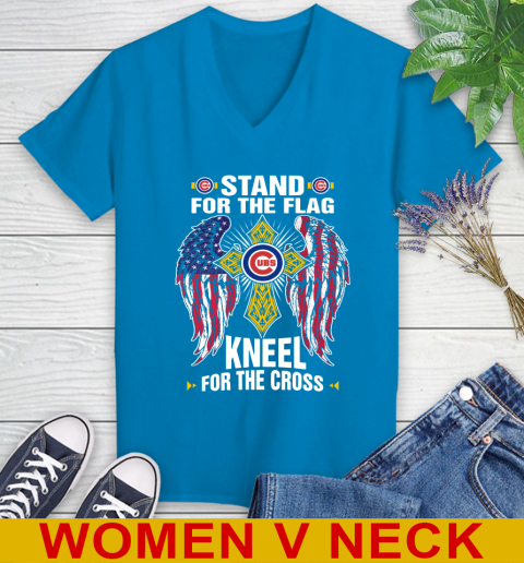 MLB Baseball Chicago Cubs Stand For Flag Kneel For The Cross Shirt Women's V-Neck T-Shirt - Image 8