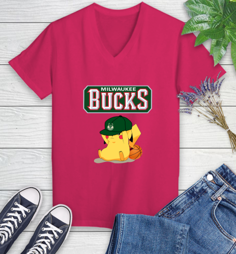 NBA Pikachu Basketball Sports Milwaukee Bucks Women's V-Neck T-Shirt 9