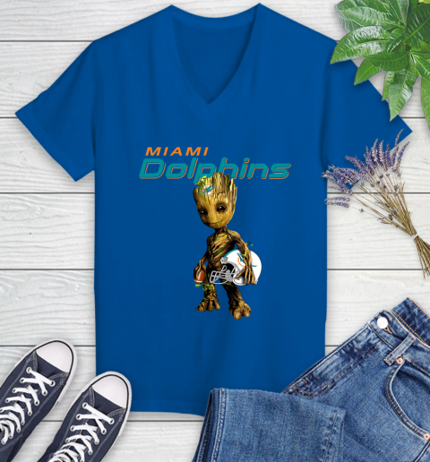 Miami Dolphins NFL Football Groot Marvel Guardians Of The Galaxy Women's V-Neck T-Shirt 10