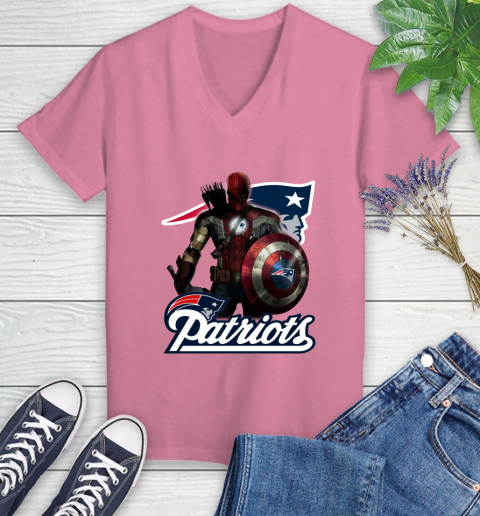 NFL Captain America Thor Spider Man Hawkeye Avengers Endgame Football New England Patriots Women's V-Neck T-Shirt 13