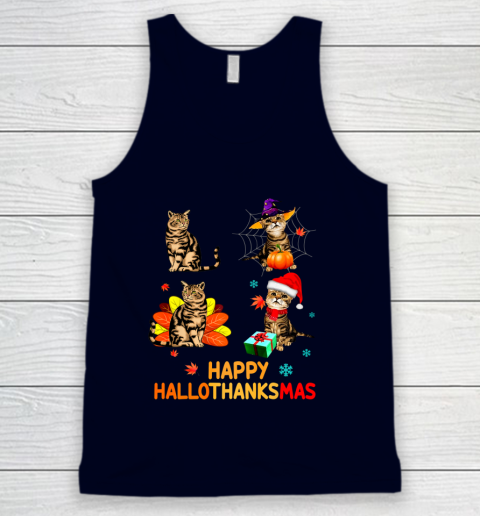 Cat Halloween Thanksgiving Christmas Happy Hallothanksmas Tank Top 2