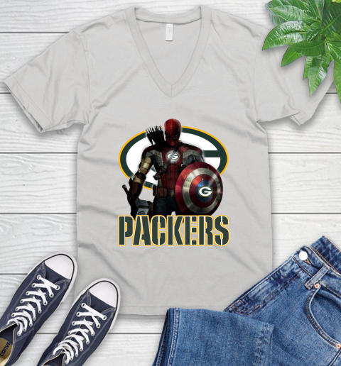 NFL Captain America Thor Spider Man Hawkeye Avengers Endgame Football Green Bay Packers V-Neck T-Shirt