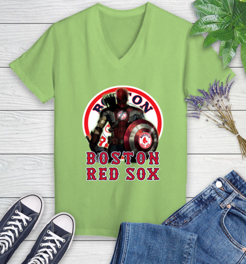 MLB Captain America Thor Spider Man Hawkeye Avengers Endgame Baseball Boston Red Sox Women's V-Neck T-Shirt 11