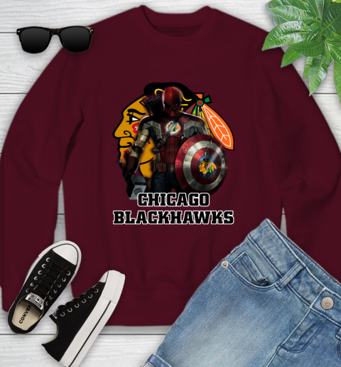 NHL Captain America Thor Spider Man Hawkeye Avengers Endgame Hockey Chicago Blackhawks Youth Sweatshirt 5