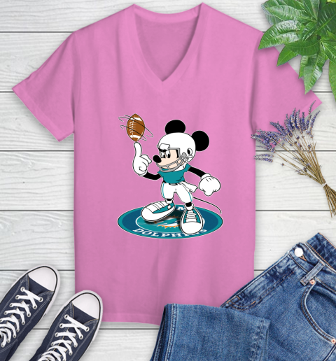 NFL Football Miami Dolphins Cheerful Mickey Disney Shirt Women's V-Neck T-Shirt 12