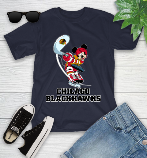 NHL Hockey Chicago Blackhawks Cheerful Mickey Mouse Shirt Youth T-Shirt 3