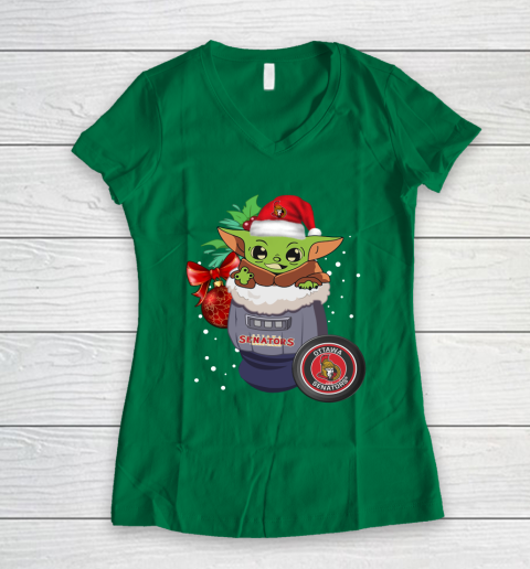 Ottawa Senators Christmas Baby Yoda Star Wars Funny Happy NHL Women's V-Neck T-Shirt 5