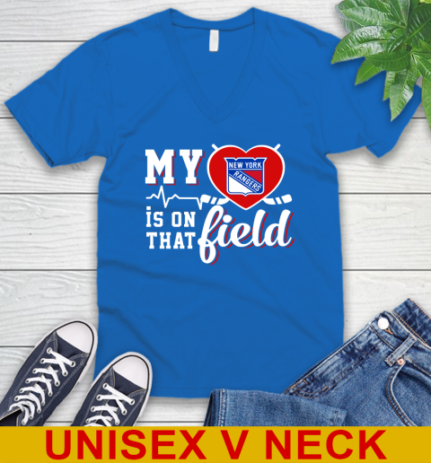 NHL My Heart Is On That Field Hockey Sports New York Rangers V-Neck T-Shirt 5