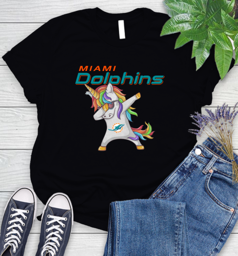 Miami Dolphins NFL Football Funny Unicorn Dabbing Sports Women's T-Shirt 2