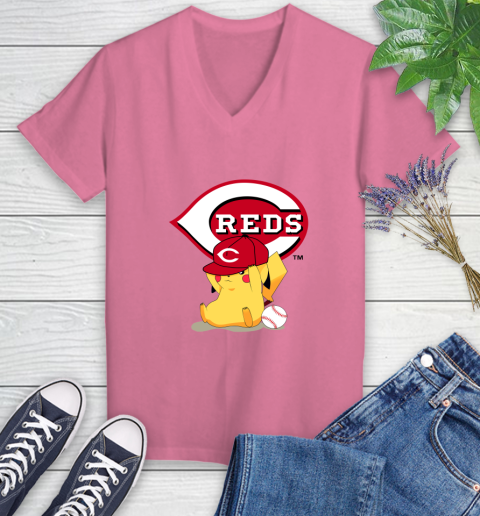 MLB Pikachu Baseball Sports Cincinnati Reds Women's V-Neck T-Shirt 13