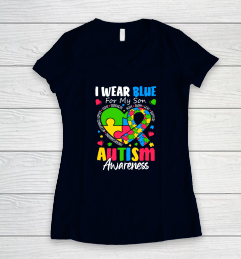 I Wear Blue For My Son Autism Awareness Women's V-Neck T-Shirt 2