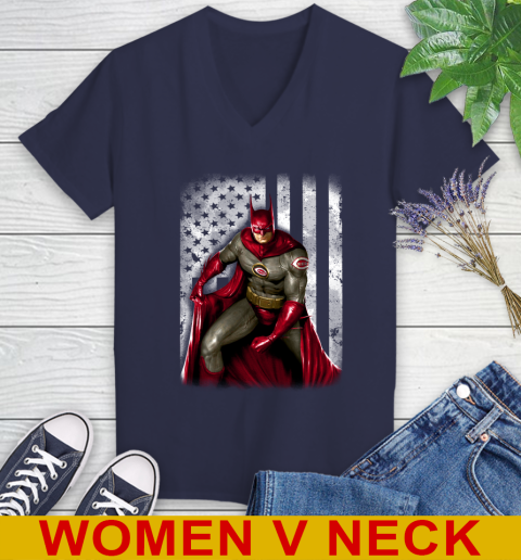 Cincinnati Reds MLB Baseball Batman DC American Flag Shirt Women's V-Neck T-Shirt 12