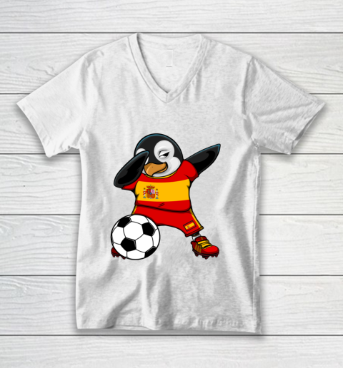 Dabbing Penguin Spain Soccer Fans Jersey Flag Football Lovers V-Neck T-Shirt