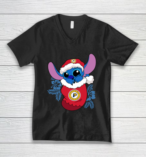 Indiana Pacers Christmas Stitch In The Sock Funny Disney NBA V-Neck T-Shirt