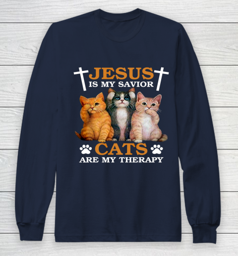 Jesus is My Savior Cat are My Therapy Christians Cat Lover Long Sleeve T-Shirt 2