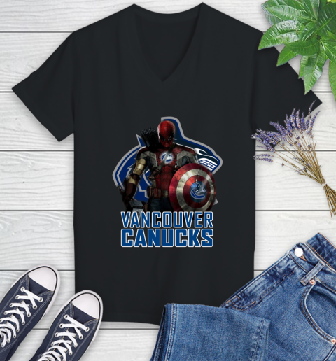 NHL Captain America Thor Spider Man Hawkeye Avengers Endgame Hockey Vancouver Canucks Women's V-Neck T-Shirt 2