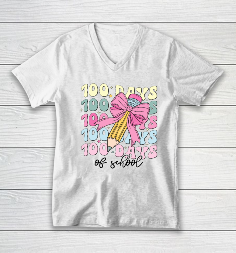 100 Days of School Girls Coquette Bow 100th Day of School V-Neck T-Shirt