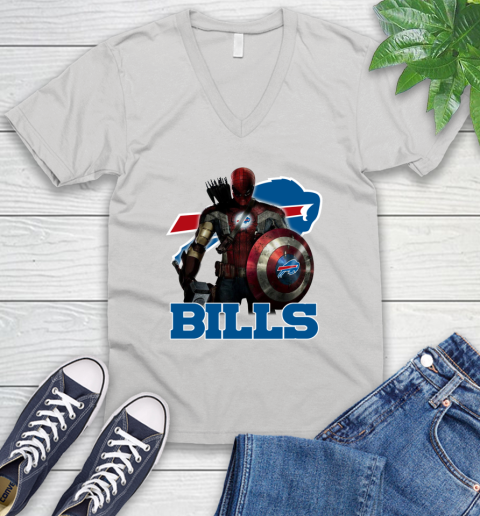 NFL Captain America Thor Spider Man Hawkeye Avengers Endgame Football Buffalo Bills V-Neck T-Shirt