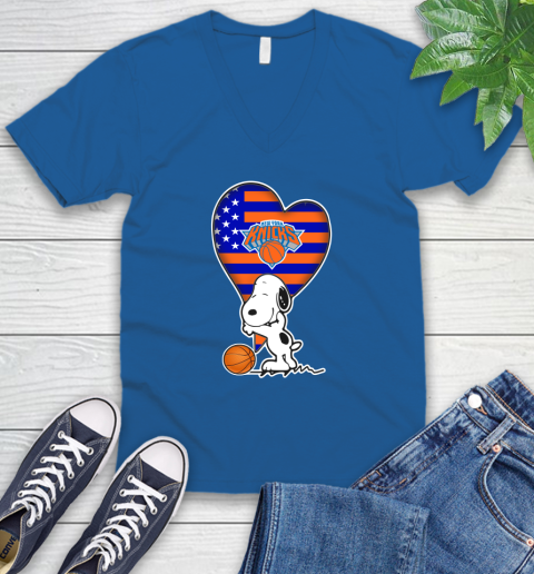 New York Knicks NBA Basketball The Peanuts Movie Adorable Snoopy V-Neck T-Shirt 6