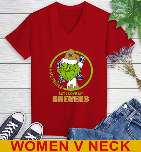Milwaukee Brewers MLB Christmas Grinch I Hate People But I Love My Favorite Baseball Team Women's V-Neck T-Shirt 12