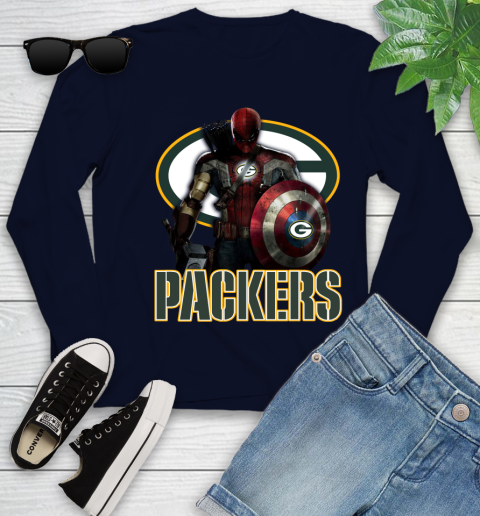NFL Captain America Thor Spider Man Hawkeye Avengers Endgame Football Green Bay Packers Youth Long Sleeve 3
