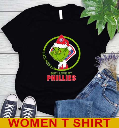 Philadelphia Phillies MLB Christmas Grinch I Hate People But I Love My Favorite Baseball Team Women's T-Shirt 2