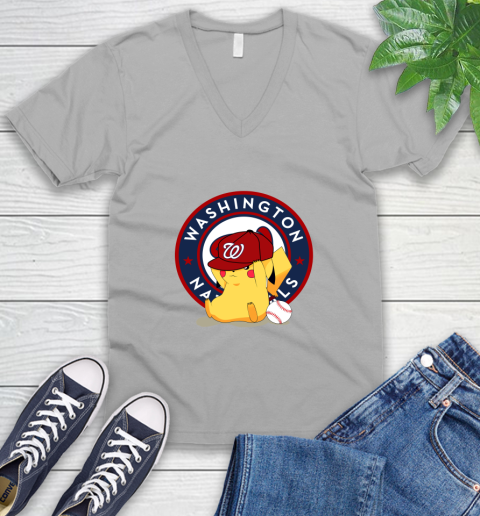 MLB Pikachu Baseball Sports Washington Nationals V-Neck T-Shirt 4