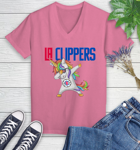 LA Clippers NBA Basketball Funny Unicorn Dabbing Sports Women's V-Neck T-Shirt 13