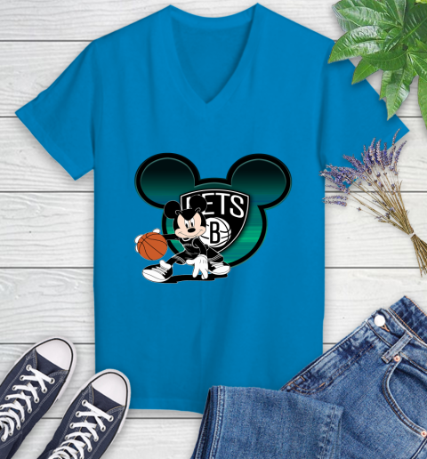 NBA Brooklyn Nets Mickey Mouse Disney Basketball Women's V-Neck T-Shirt 7