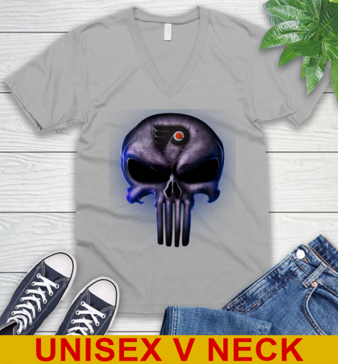 Philadelphia Flyers NHL Hockey Punisher Skull Sports V-Neck T-Shirt 3