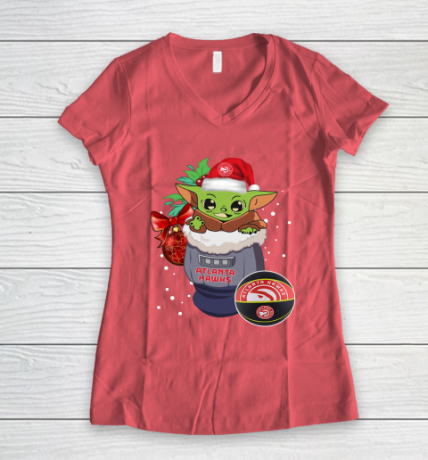 Atlanta Hawks Christmas Baby Yoda Star Wars Funny Happy NBA Women's V-Neck T-Shirt 6