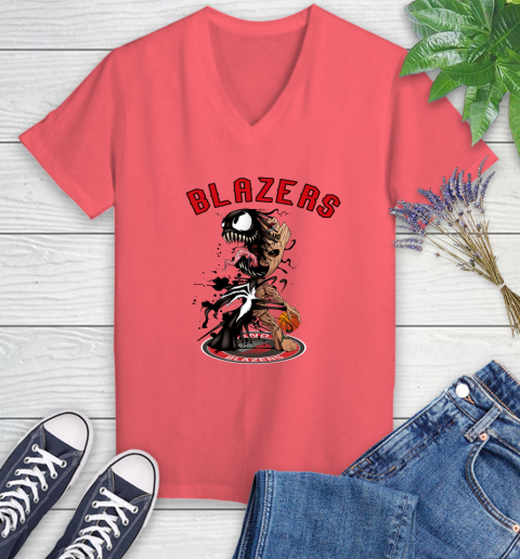 NBA Portland Trail Blazers Basketball Venom Groot Guardians Of The Galaxy Women's V-Neck T-Shirt 6