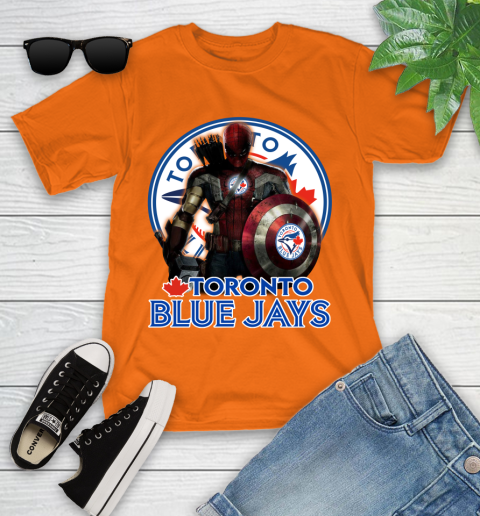MLB Captain America Thor Spider Man Hawkeye Avengers Endgame Baseball Toronto Blue Jays Youth T-Shirt 7