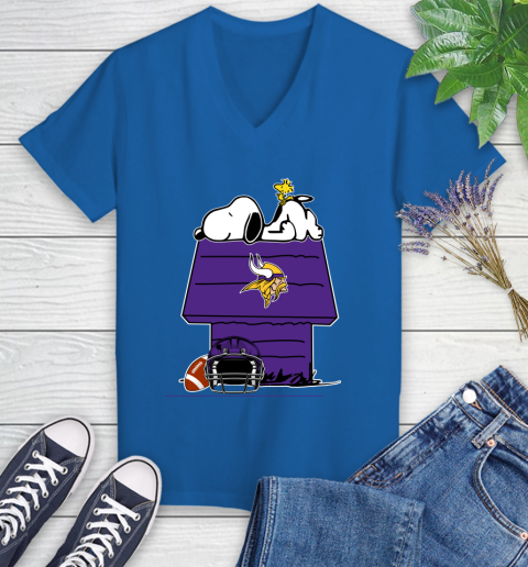 Minnesota Vikings NFL Football Snoopy Woodstock The Peanuts Movie Women's V-Neck T-Shirt 10