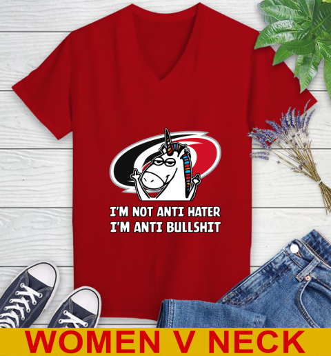 Carolina Hurricanes NHL Hockey Unicorn I'm Not Anti Hater I'm Anti Bullshit Women's V-Neck T-Shirt 12