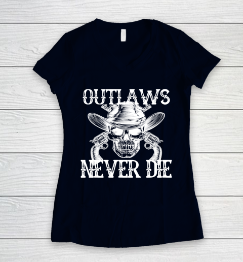 Outlaws Never Die Skull Biker Women's V-Neck T-Shirt | Itees